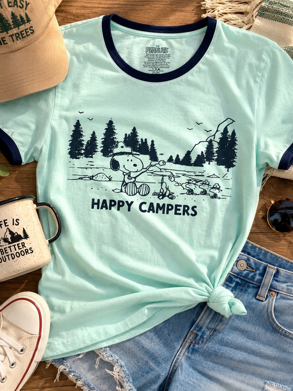Peanuts Snoopy Happy Campers Ringer Tee NWT Mint Green Graphic T-Shirt S